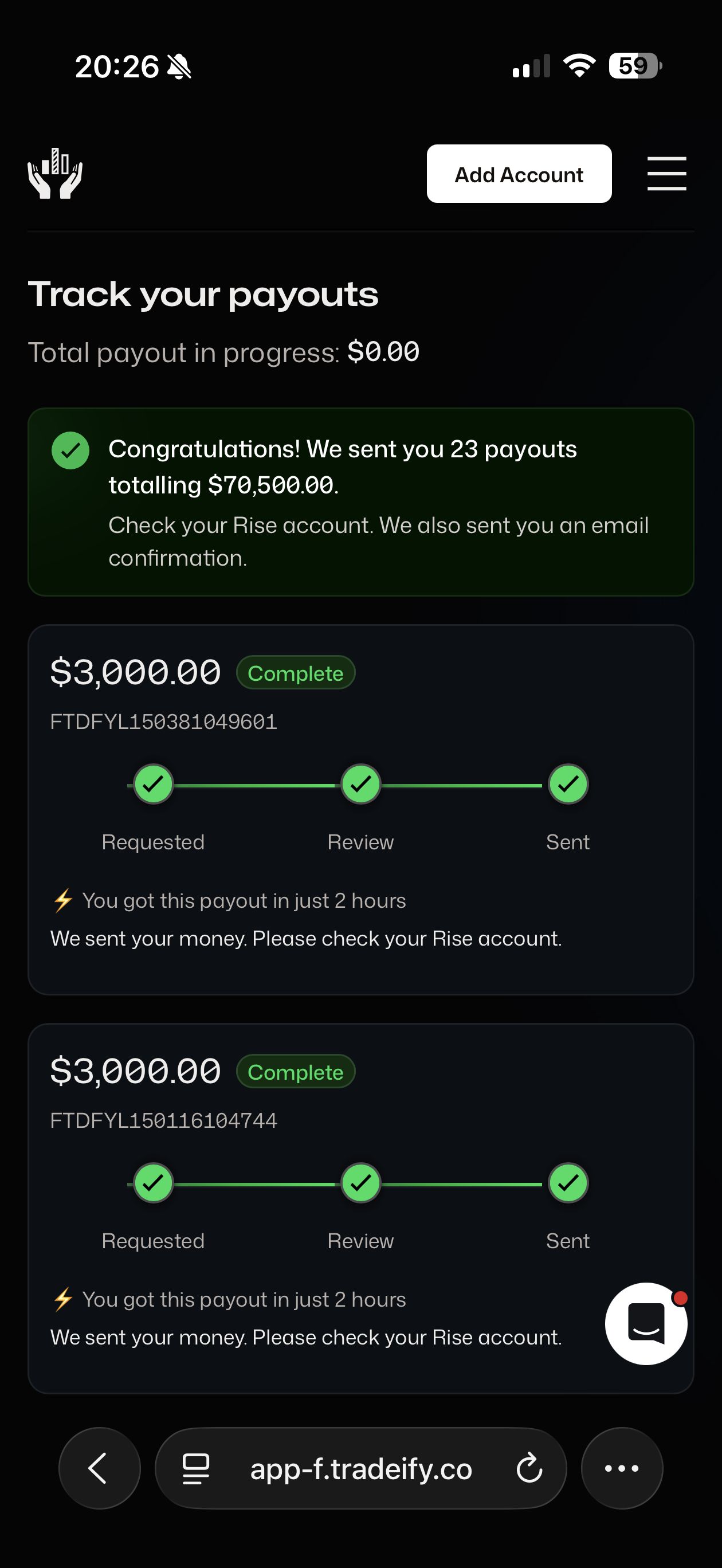 Suivi des payouts, total 70 500 dollars