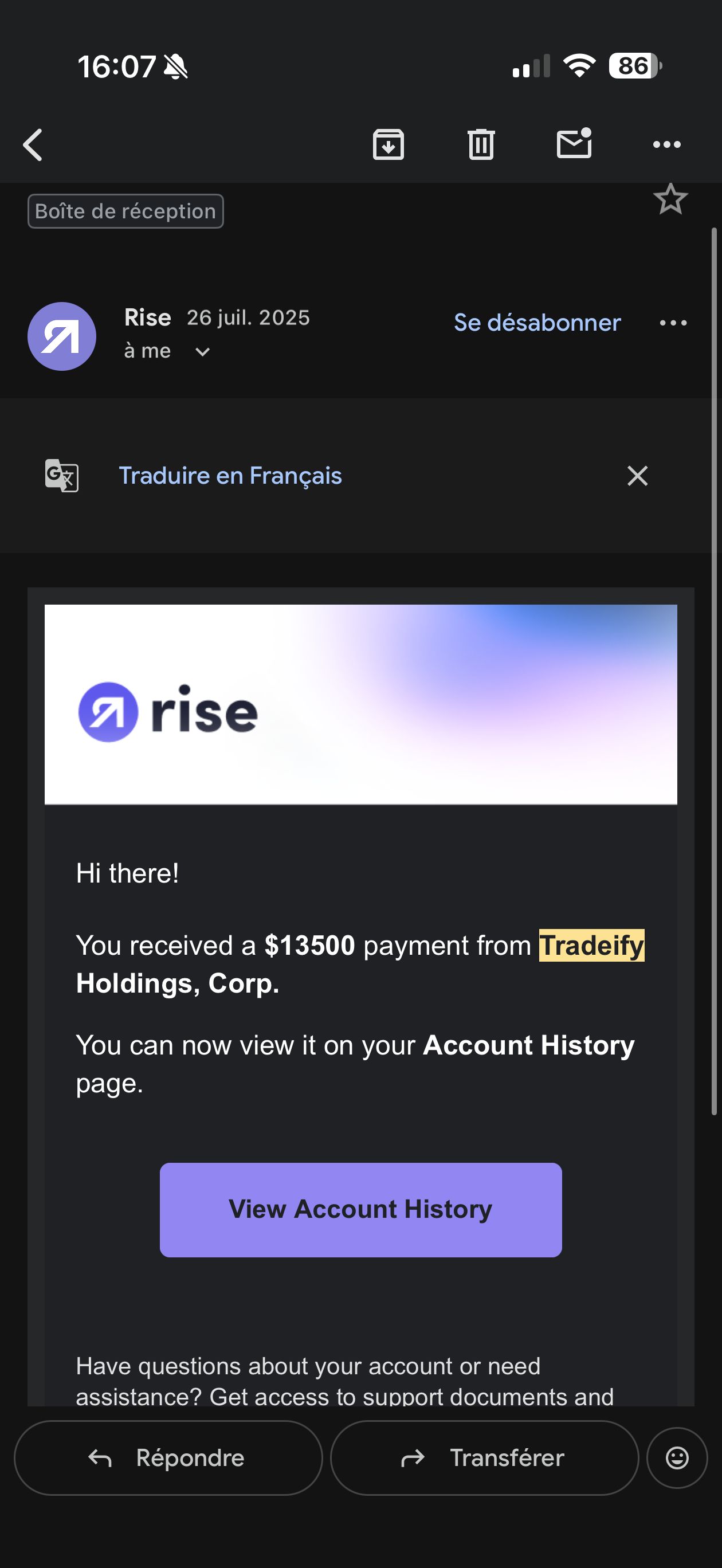 Email de confirmation de paiement Rise
