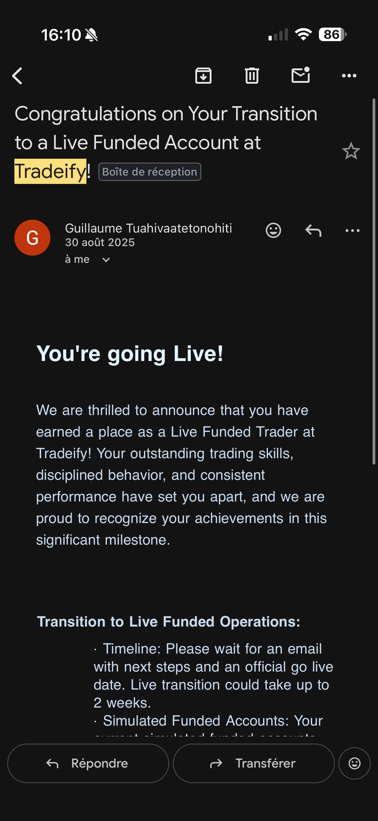 Email de confirmation compte financé live